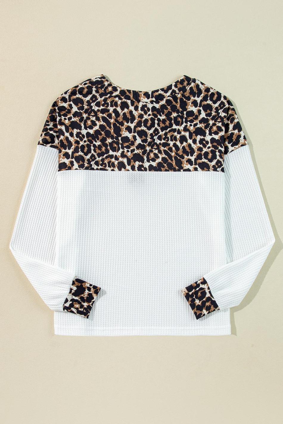 White Leopard Waffle Knit Patchwork Button V Neck Top | Women Long Sleeve Tops