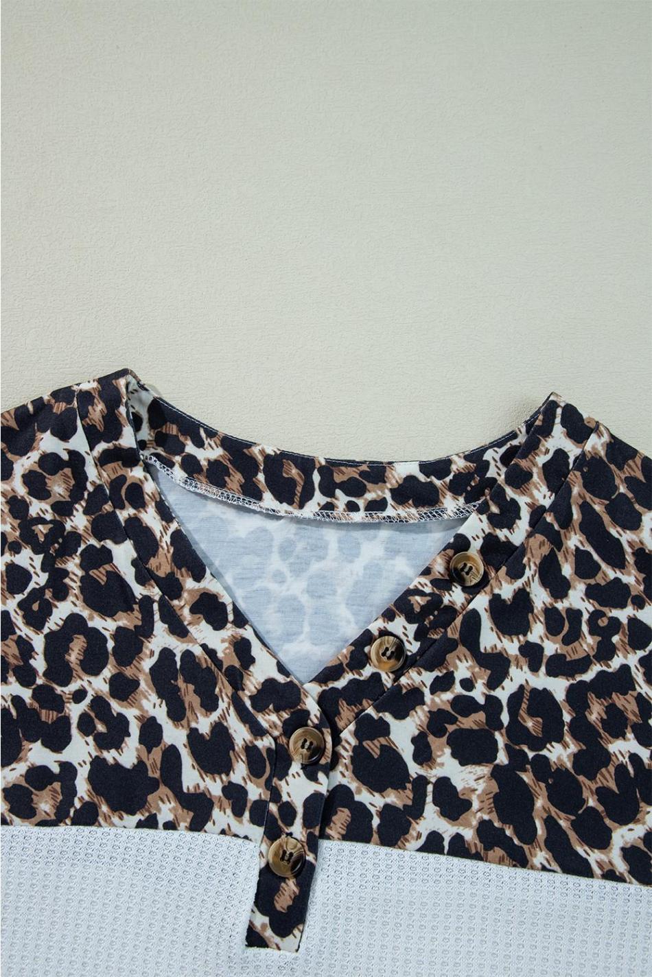 White Leopard Waffle Knit Patchwork Button V Neck Top | Women Long Sleeve Tops