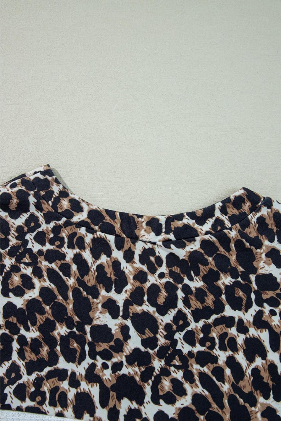 White Leopard Waffle Knit Patchwork Button V Neck Top | Women Long Sleeve Tops