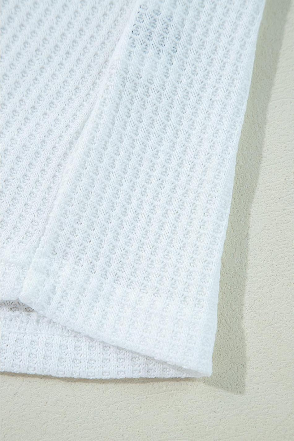 White Leopard Waffle Knit Patchwork Button V Neck Top | Women Long Sleeve Tops