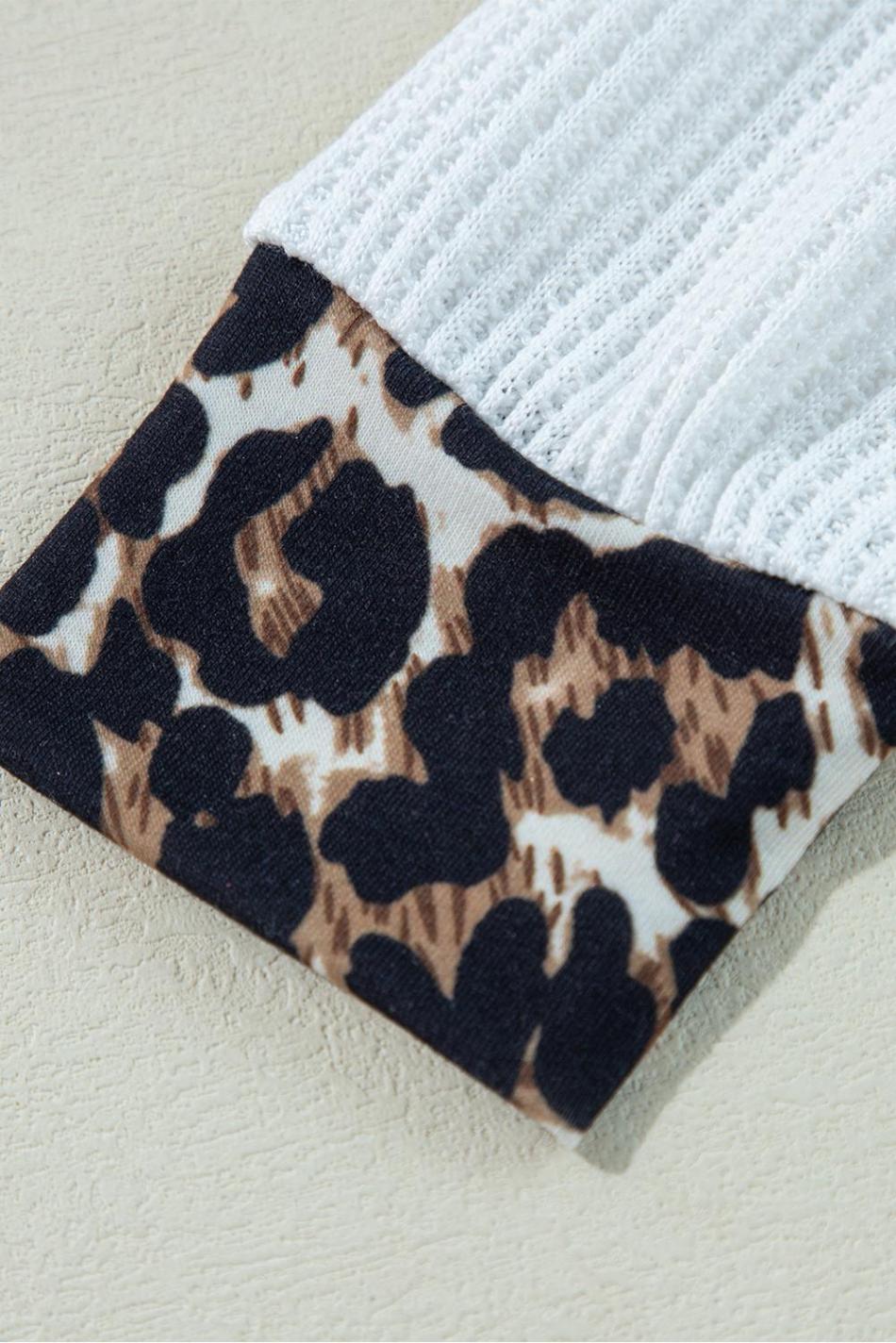 White Leopard Waffle Knit Patchwork Button V Neck Top | Women Long Sleeve Tops