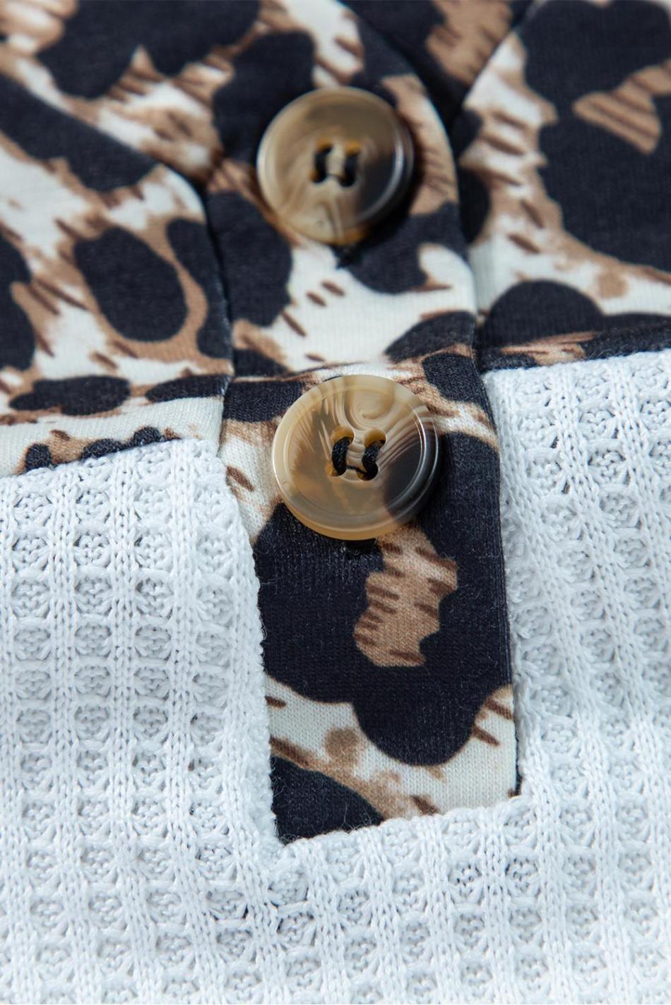 White Leopard Waffle Knit Patchwork Button V Neck Top | Women Long Sleeve Tops