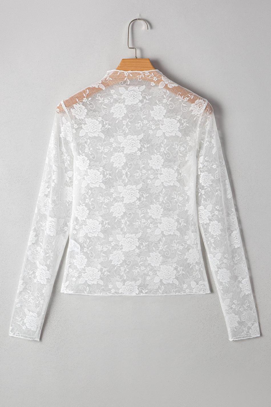 White Mock Neck Floral Lace Mesh Long Sleeve Top | Women Long Sleeve Tops