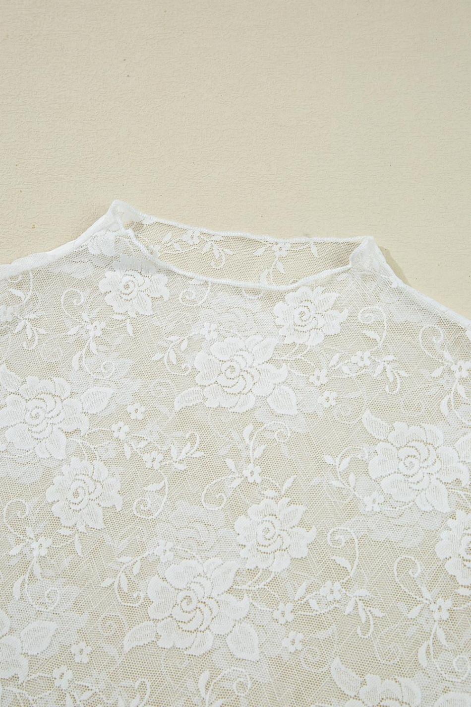 White Mock Neck Floral Lace Mesh Long Sleeve Top | Women Long Sleeve Tops