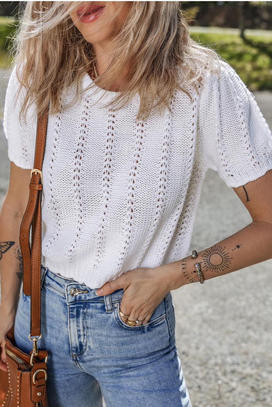 White Pointelle Knit Short Puff Sleeve Crewneck Top | Women Knit Tops