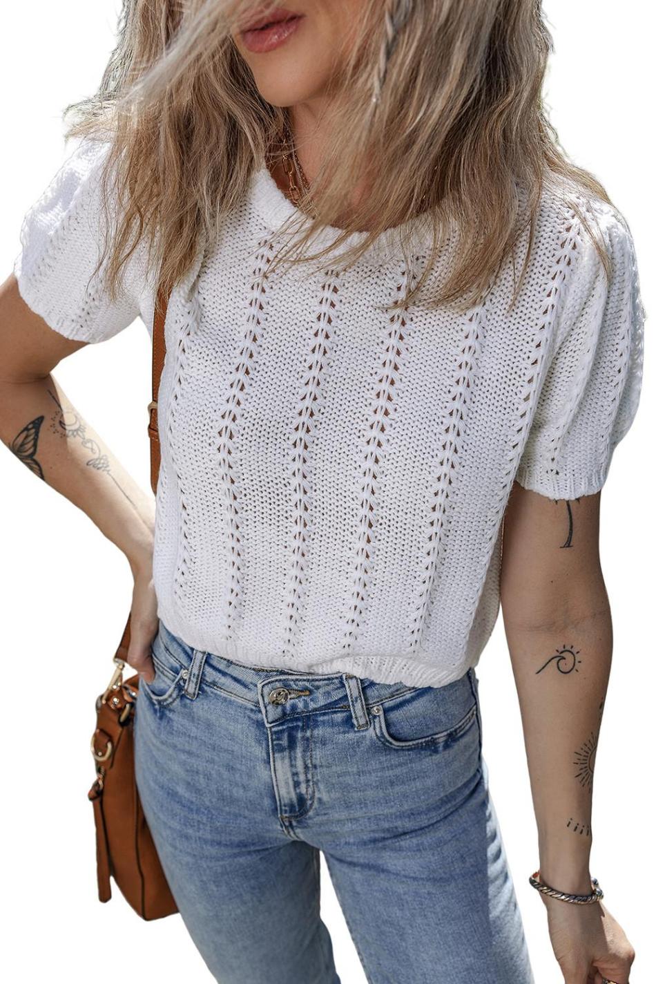 White Pointelle Knit Short Puff Sleeve Crewneck Top | Women Knit Tops