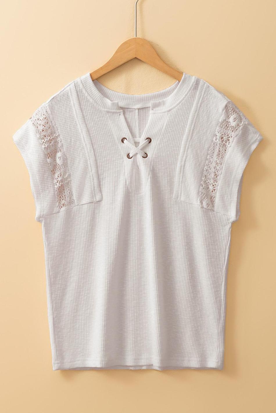 White Ribbed Texture Lace Patchwork Short Sleeve Top | Women T Shirts