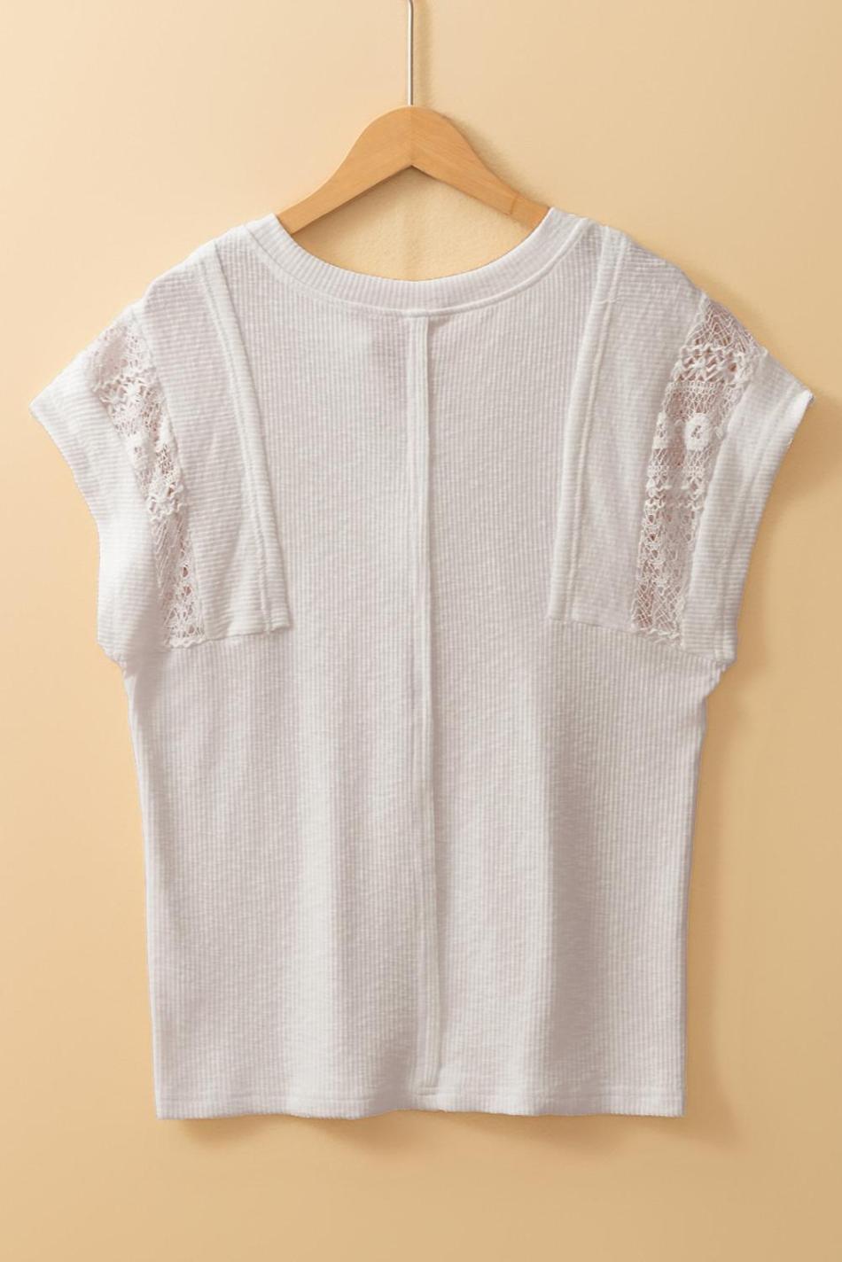 White Ribbed Texture Lace Patchwork Short Sleeve Top | Women T Shirts