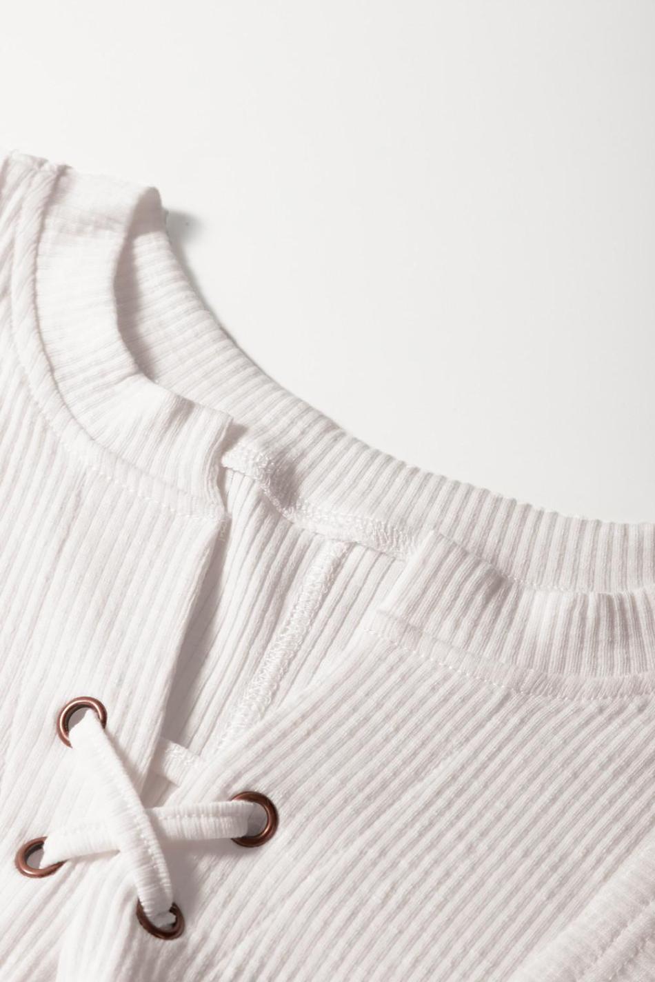 White Ribbed Texture Lace Patchwork Short Sleeve Top | Women T Shirts