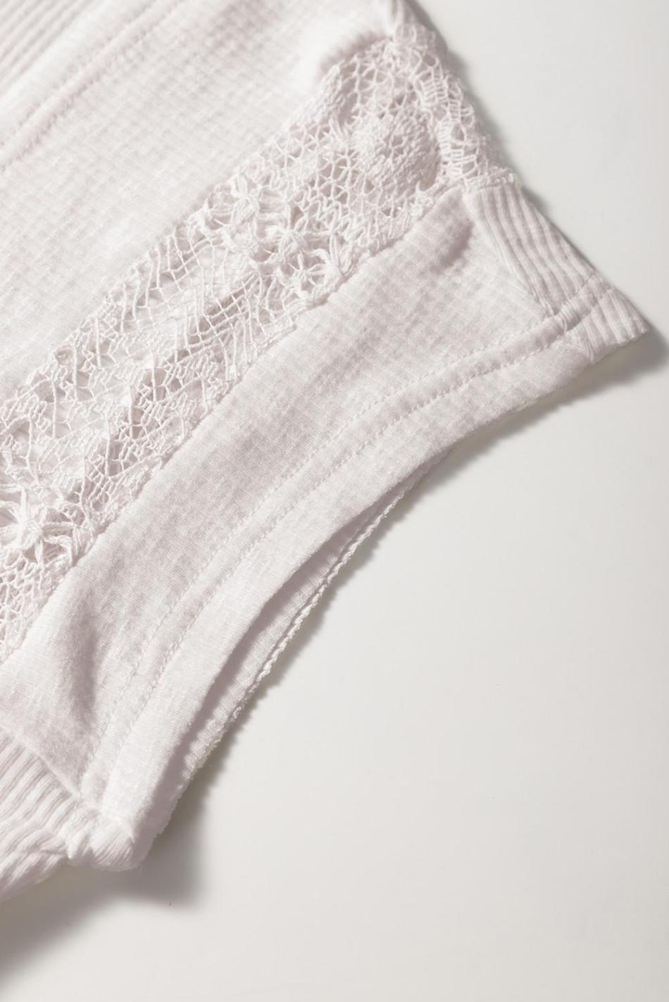 White Ribbed Texture Lace Patchwork Short Sleeve Top | Women T Shirts