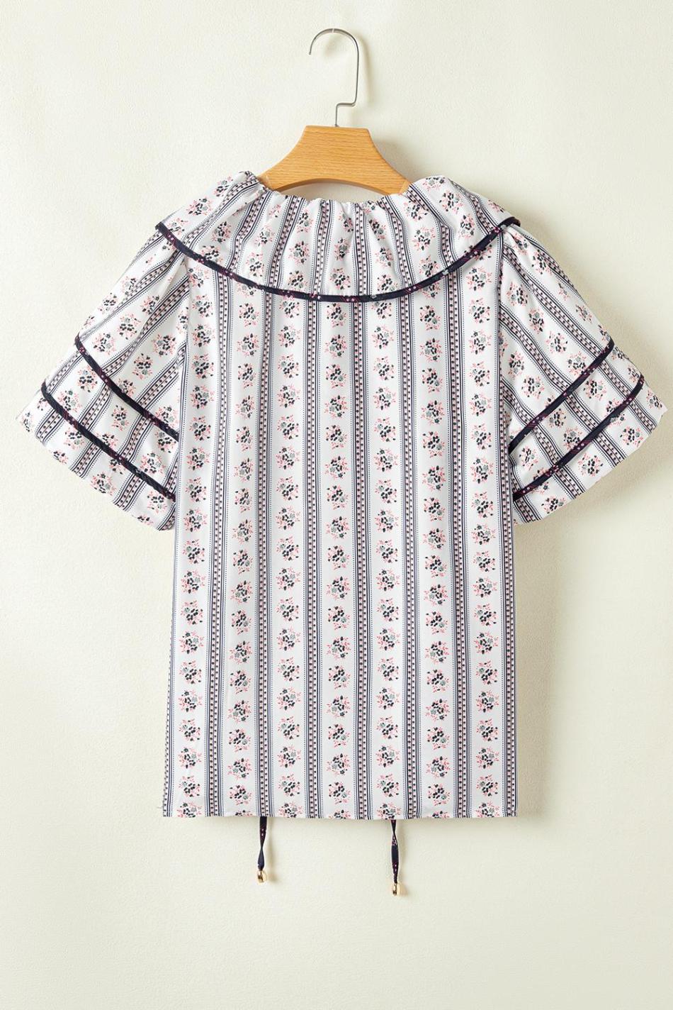 White Ruffle V-Neck Floral Print Short Sleeve Blouse | Women Blouses