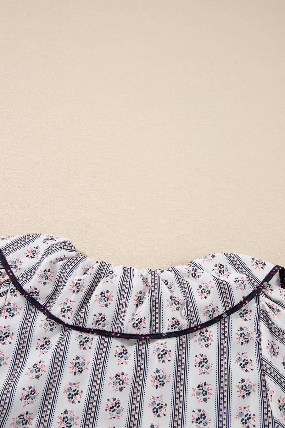 White Ruffle V-Neck Floral Print Short Sleeve Blouse | Women Blouses