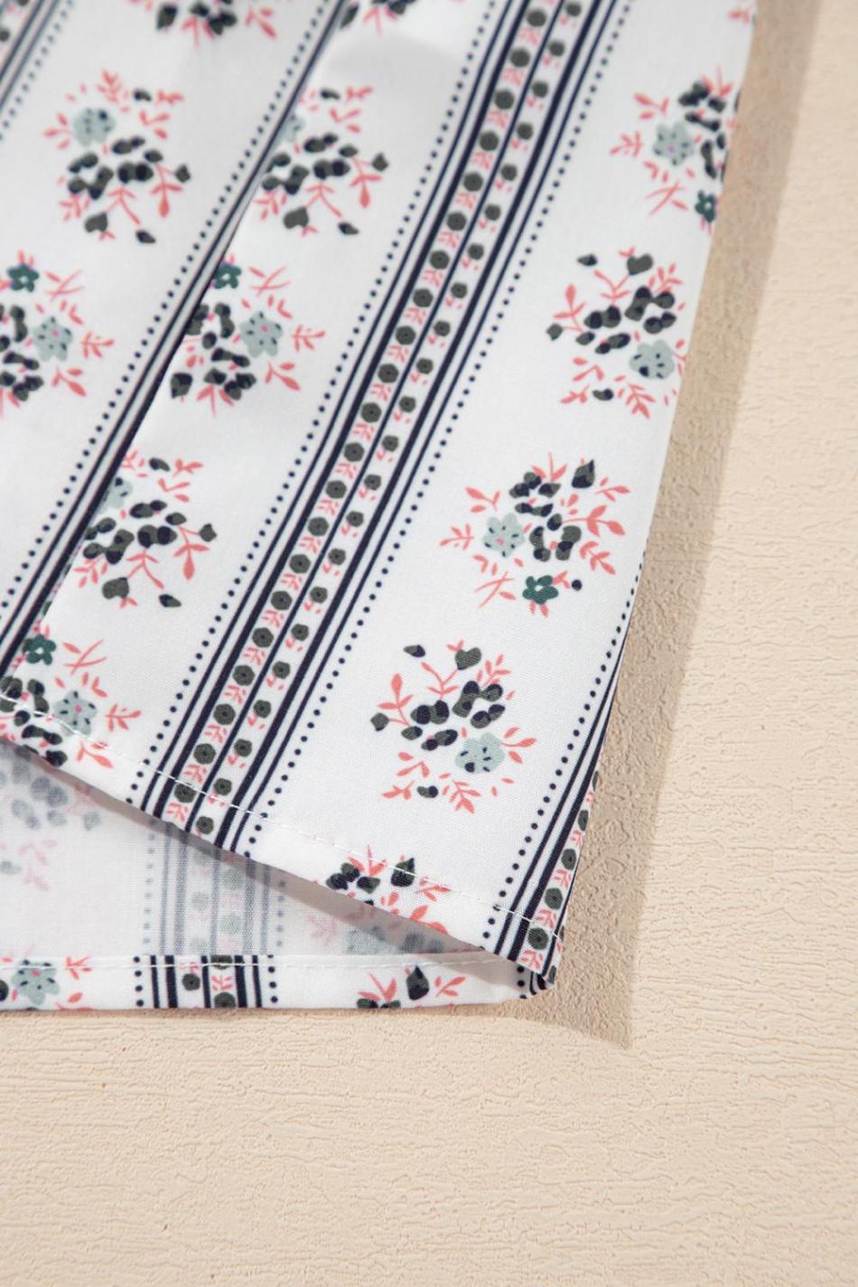 White Ruffle V-Neck Floral Print Short Sleeve Blouse | Women Blouses