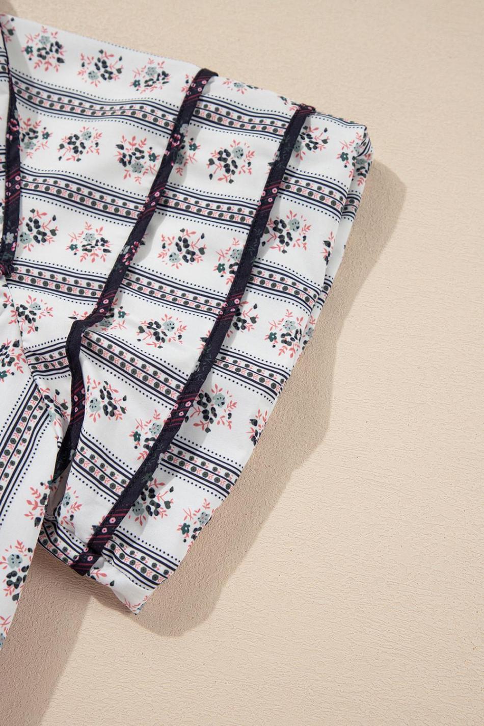 White Ruffle V-Neck Floral Print Short Sleeve Blouse | Women Blouses