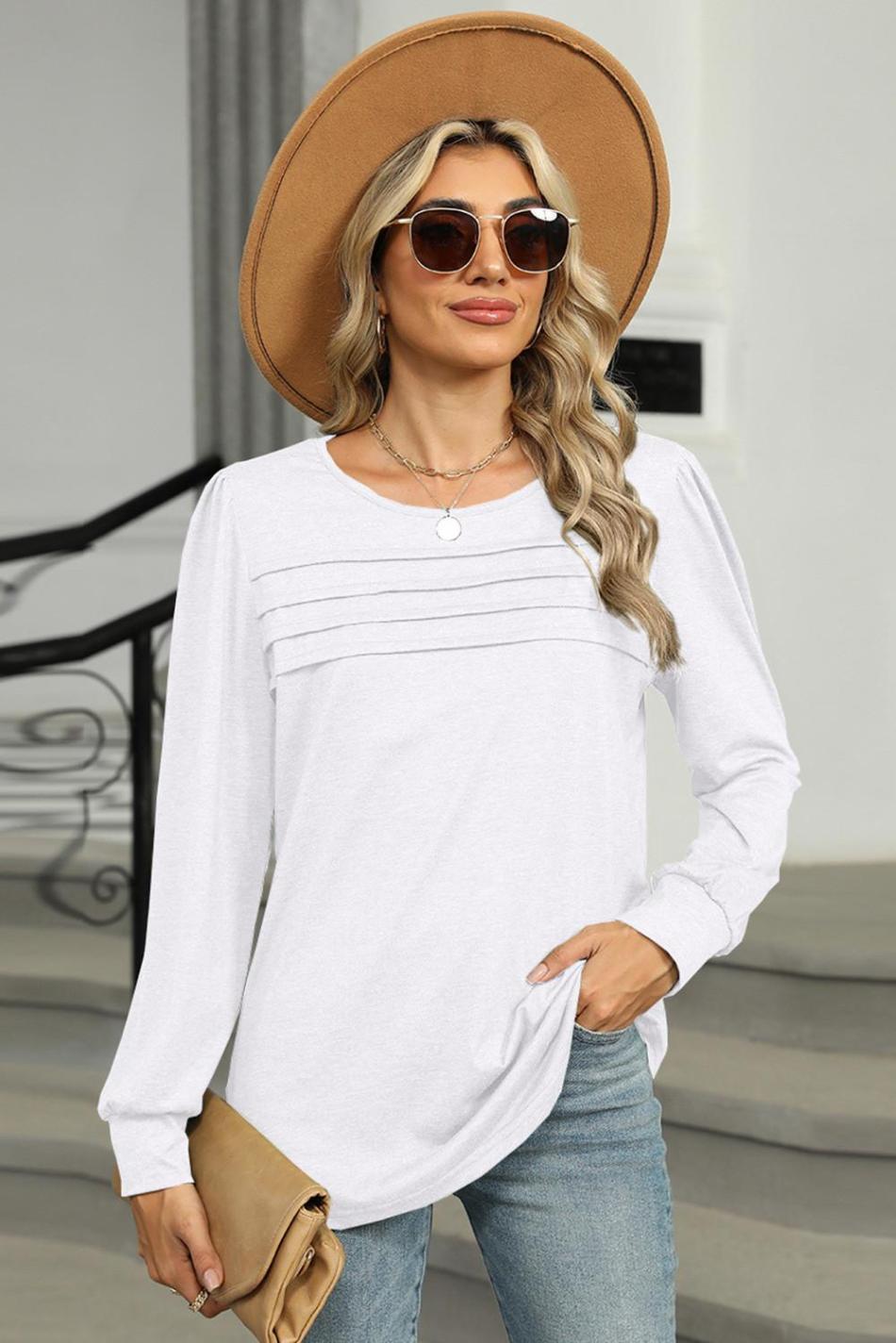 White Solid Color Pleated Long Sleeve Top | Women Long Sleeve Tops
