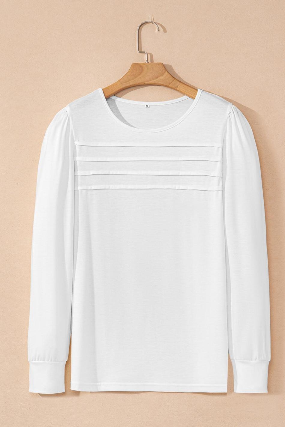 White Solid Color Pleated Long Sleeve Top | Women Long Sleeve Tops