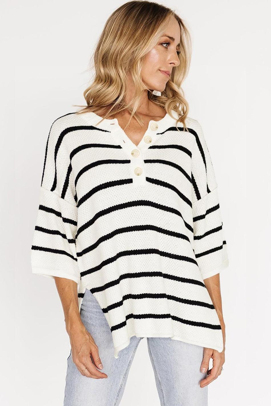 White Stripe Drop Shoulder Bracelet Sleeve Henley Knit Tee | Women Knit Tops