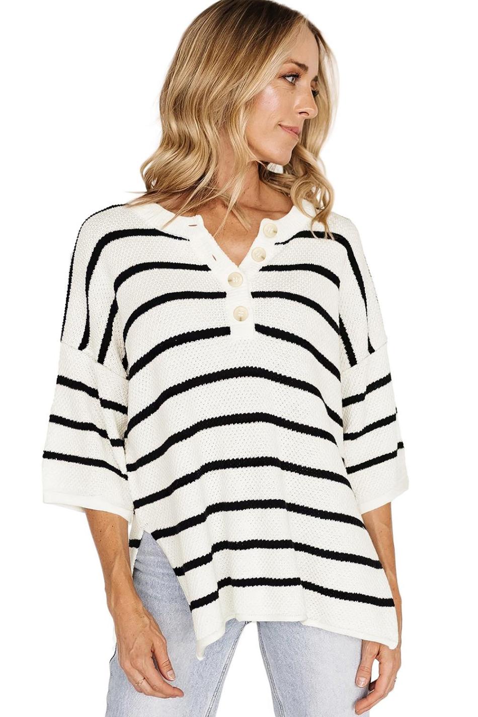 White Stripe Drop Shoulder Bracelet Sleeve Henley Knit Tee | Women Knit Tops