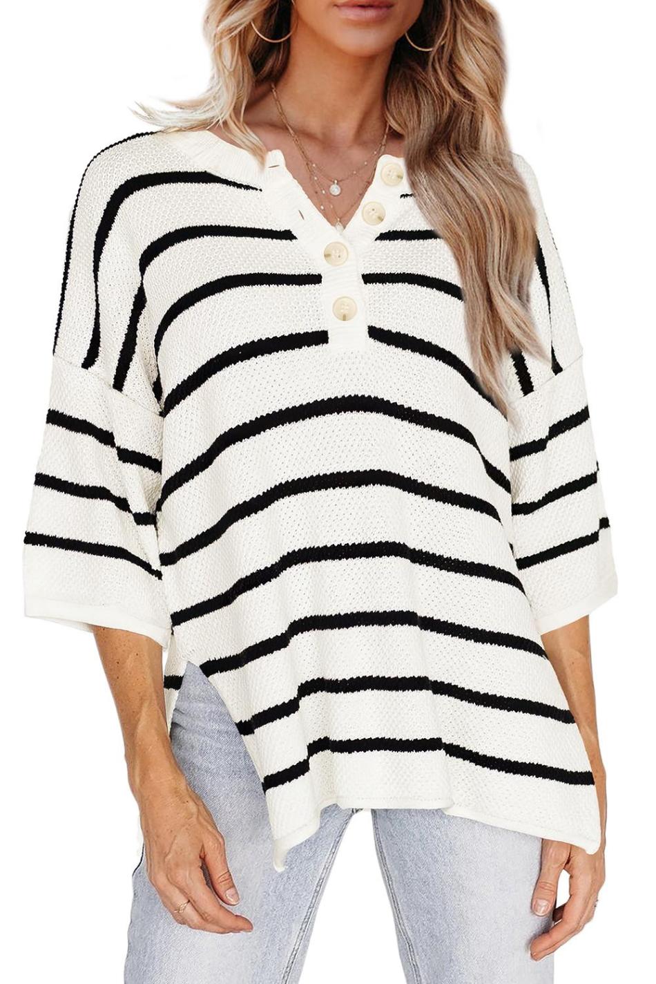 White Stripe Drop Shoulder Bracelet Sleeve Henley Knit Tee | Women Knit Tops