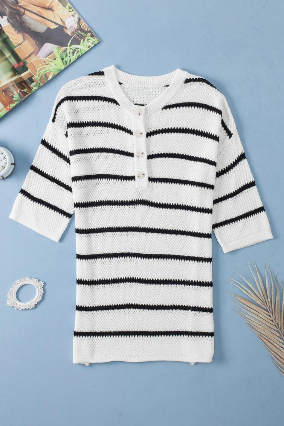 White Stripe Drop Shoulder Bracelet Sleeve Henley Knit Tee | Women Knit Tops
