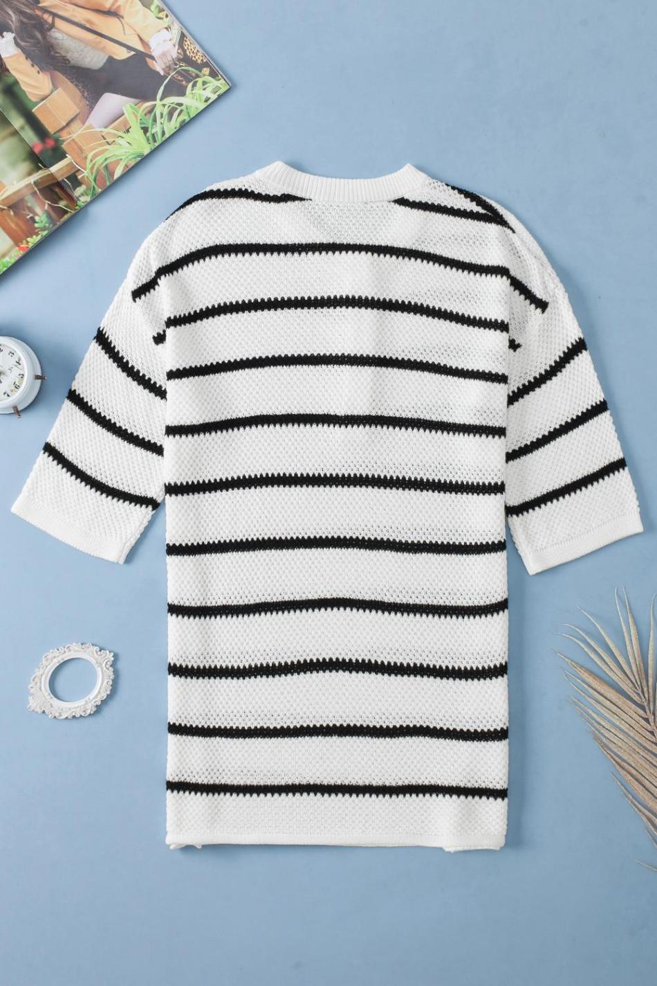 White Stripe Drop Shoulder Bracelet Sleeve Henley Knit Tee | Women Knit Tops