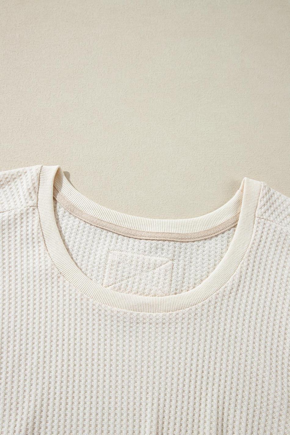 White Waffle Knit Exposed Seam Round Neck Oversized Top | Women Long Sleeve Tops