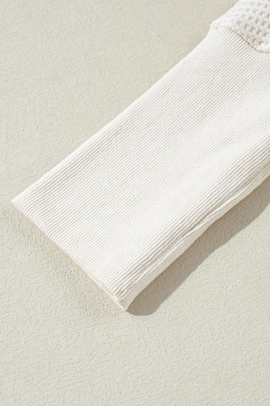 White Waffle Knit Exposed Seam Round Neck Oversized Top | Women Long Sleeve Tops