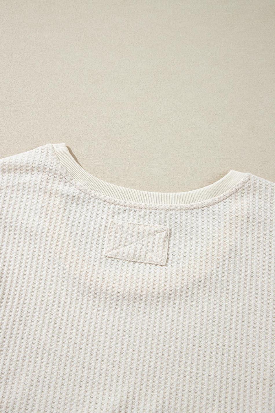 White Waffle Knit Exposed Seam Round Neck Oversized Top | Women Long Sleeve Tops