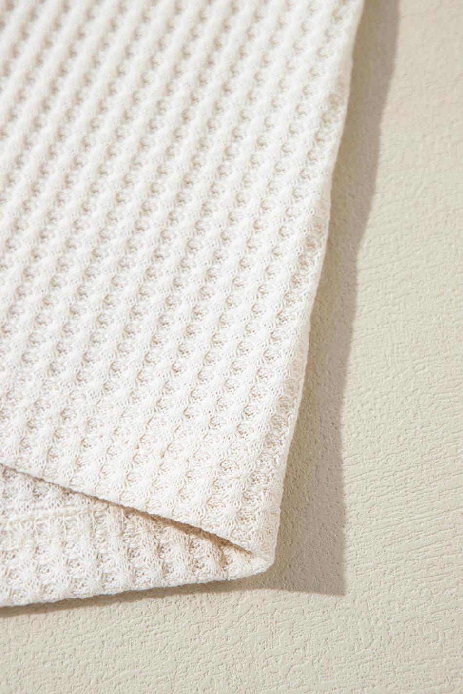 White Waffle Knit Exposed Seam Round Neck Oversized Top | Women Long Sleeve Tops