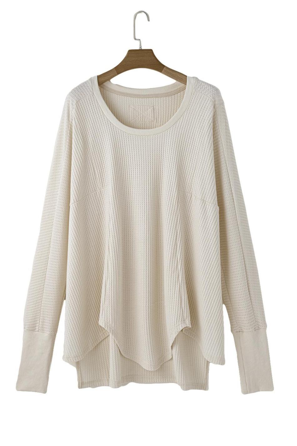 White Waffle Knit Exposed Seam Round Neck Oversized Top | Women Long Sleeve Tops