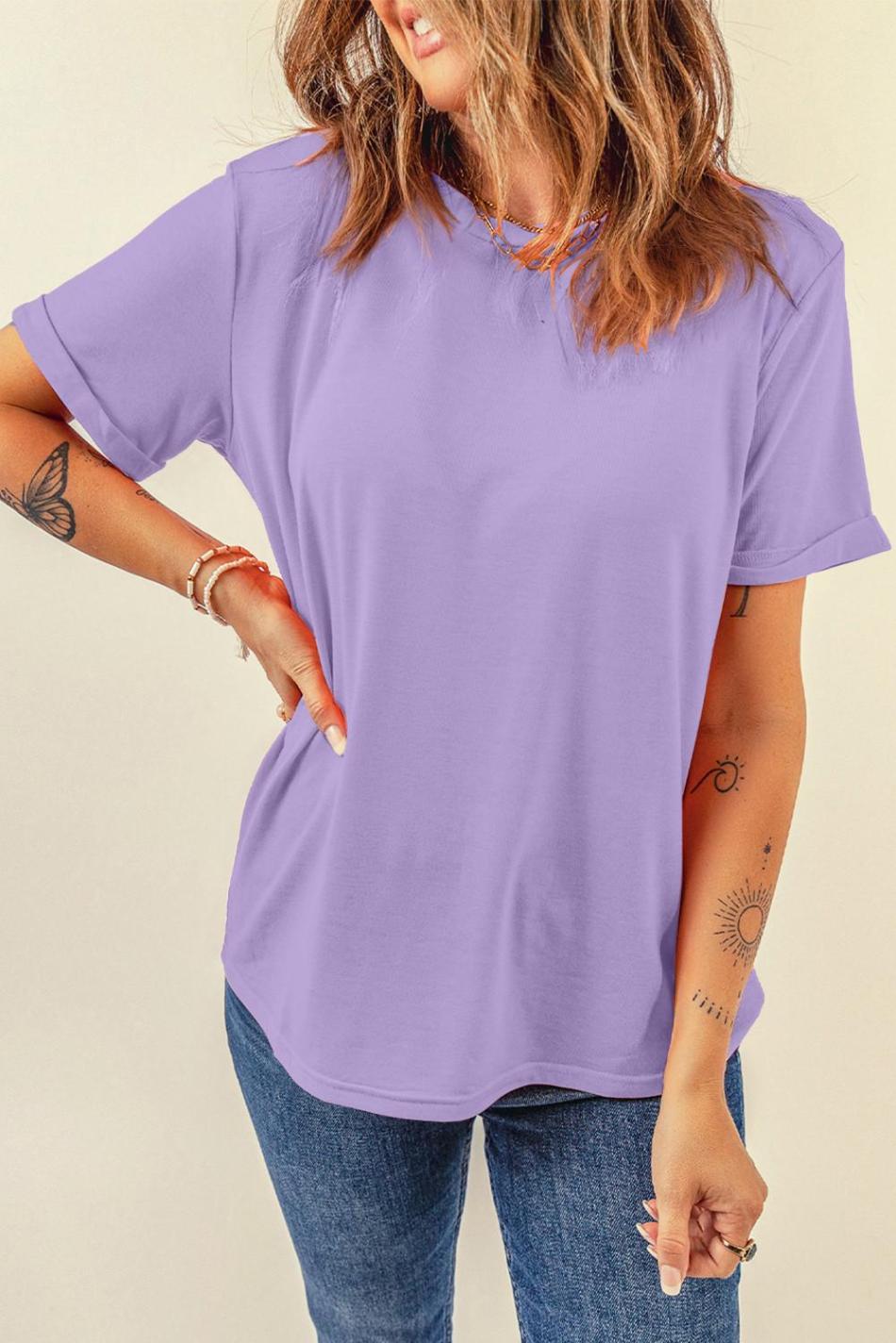 Wisteria Solid Color Basic Crew Neck Plain Tee | Women T Shirts
