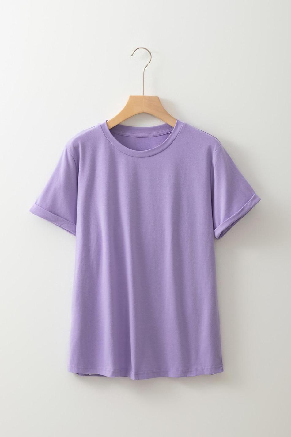 Wisteria Solid Color Basic Crew Neck Plain Tee | Women T Shirts