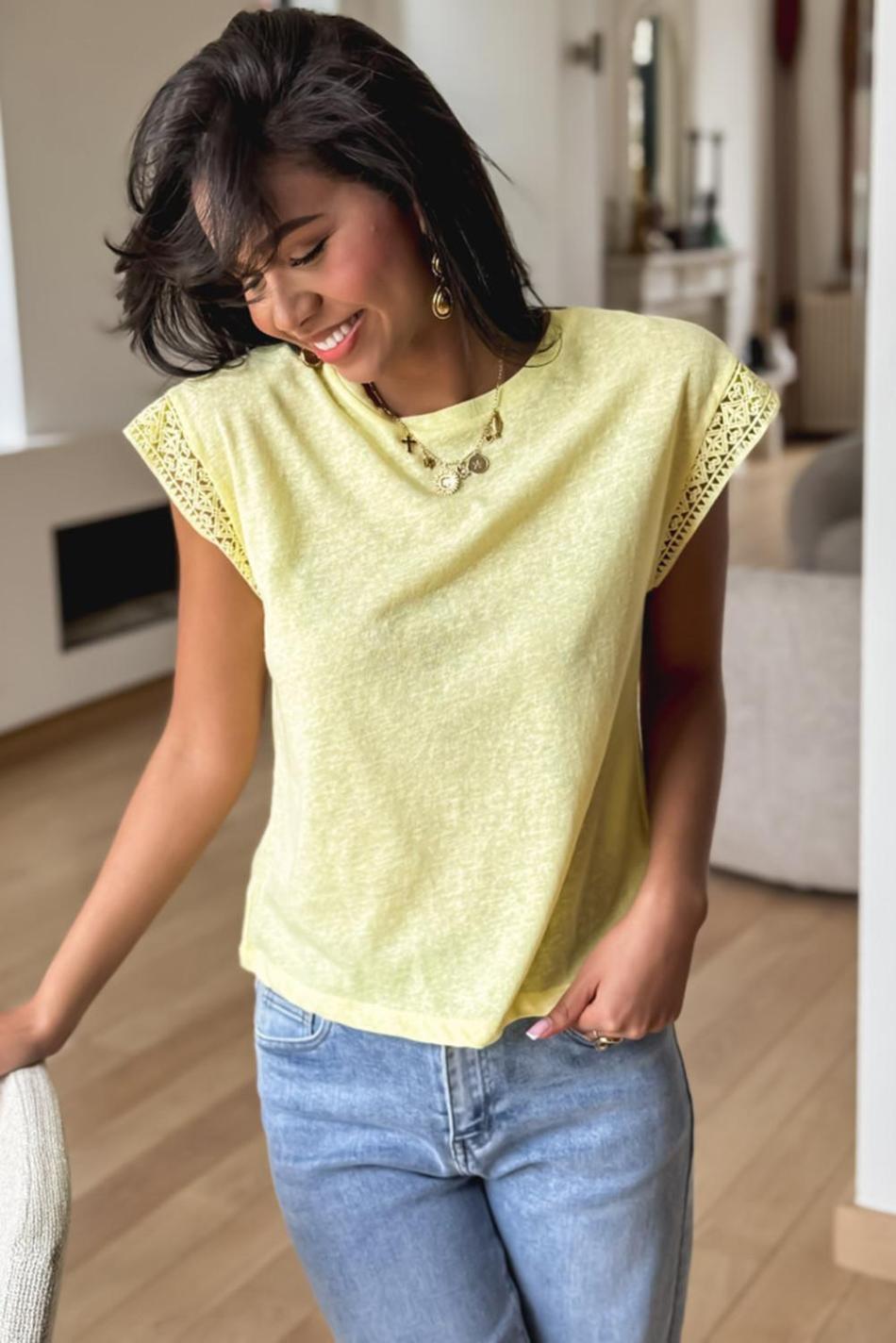 Yellow Cream Lace Patchwork Cap Sleeve Round Neck Top | Women T Shirts