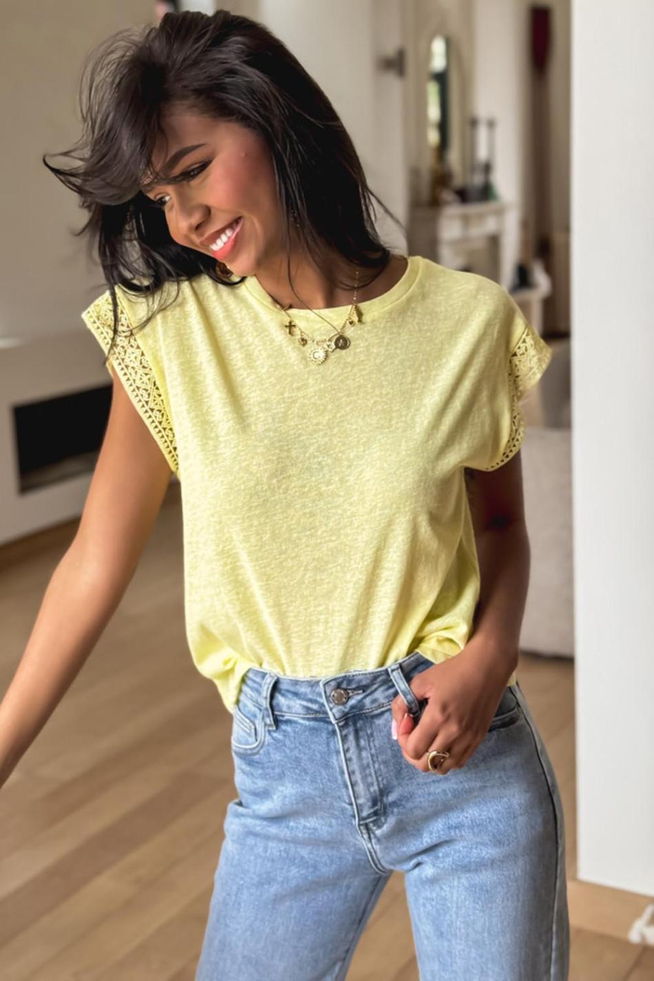 Yellow Cream Lace Patchwork Cap Sleeve Round Neck Top | Women T Shirts