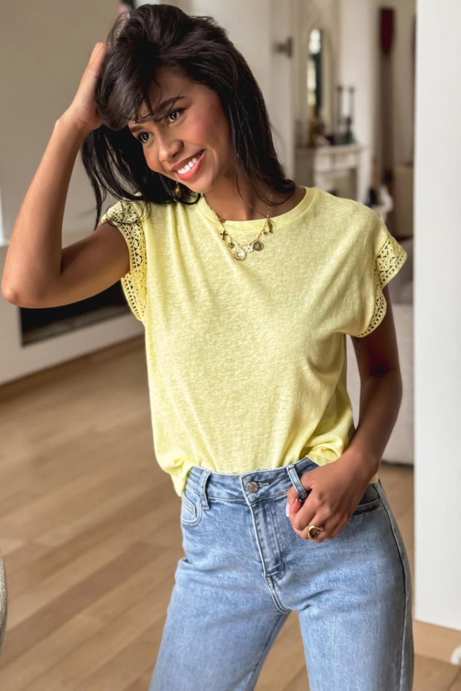 Yellow Cream Lace Patchwork Cap Sleeve Round Neck Top | Women T Shirts