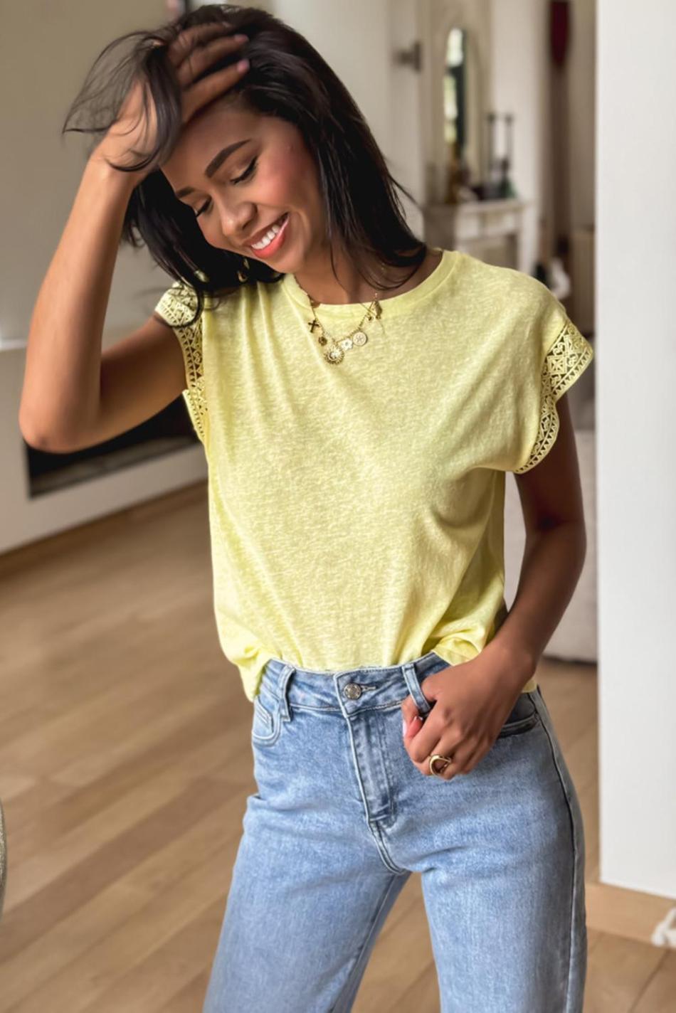 Yellow Cream Lace Patchwork Cap Sleeve Round Neck Top | Women T Shirts