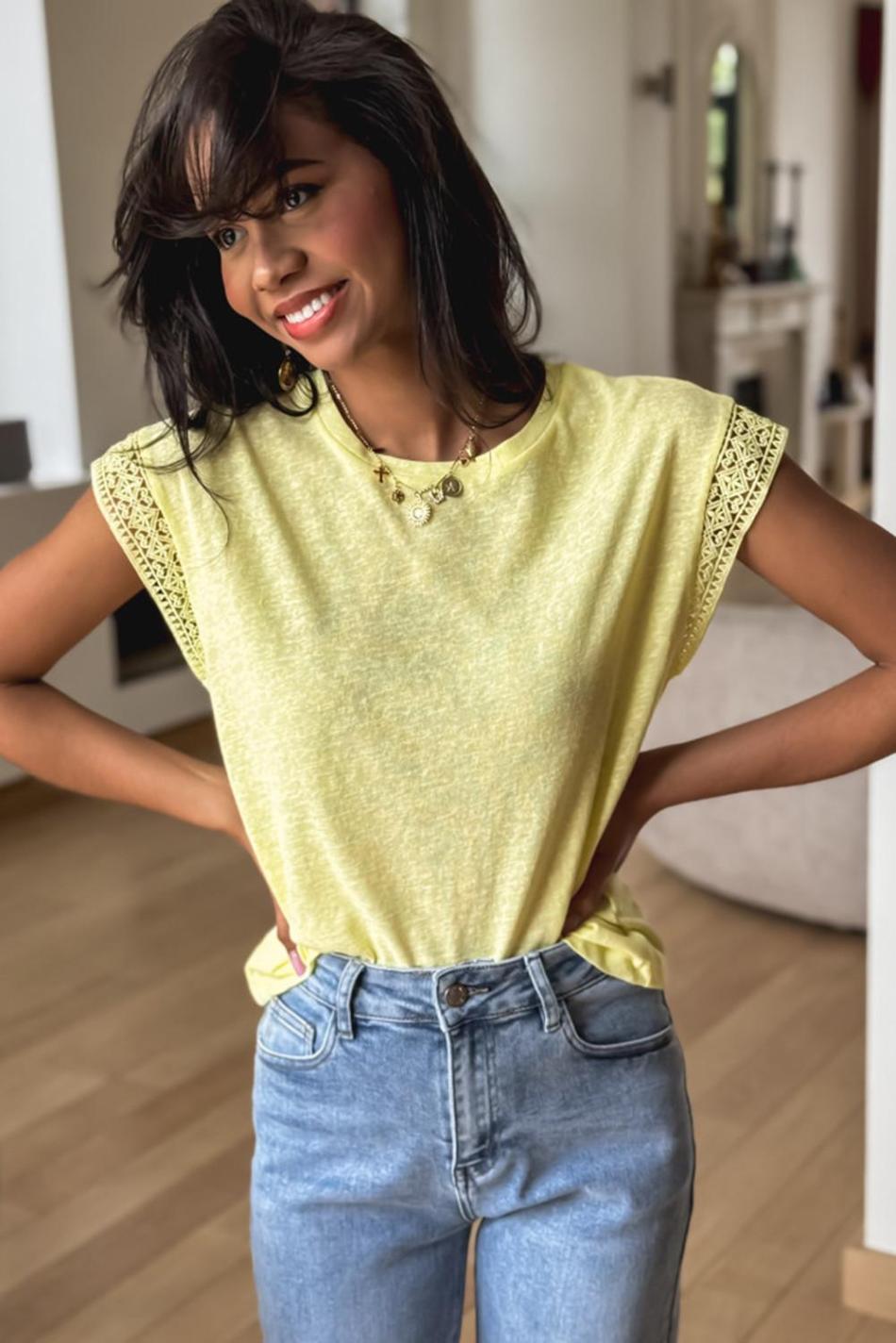 Yellow Cream Lace Patchwork Cap Sleeve Round Neck Top | Women T Shirts