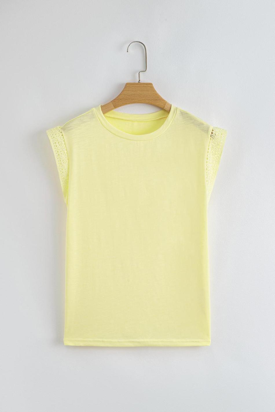 Yellow Cream Lace Patchwork Cap Sleeve Round Neck Top | Women T Shirts