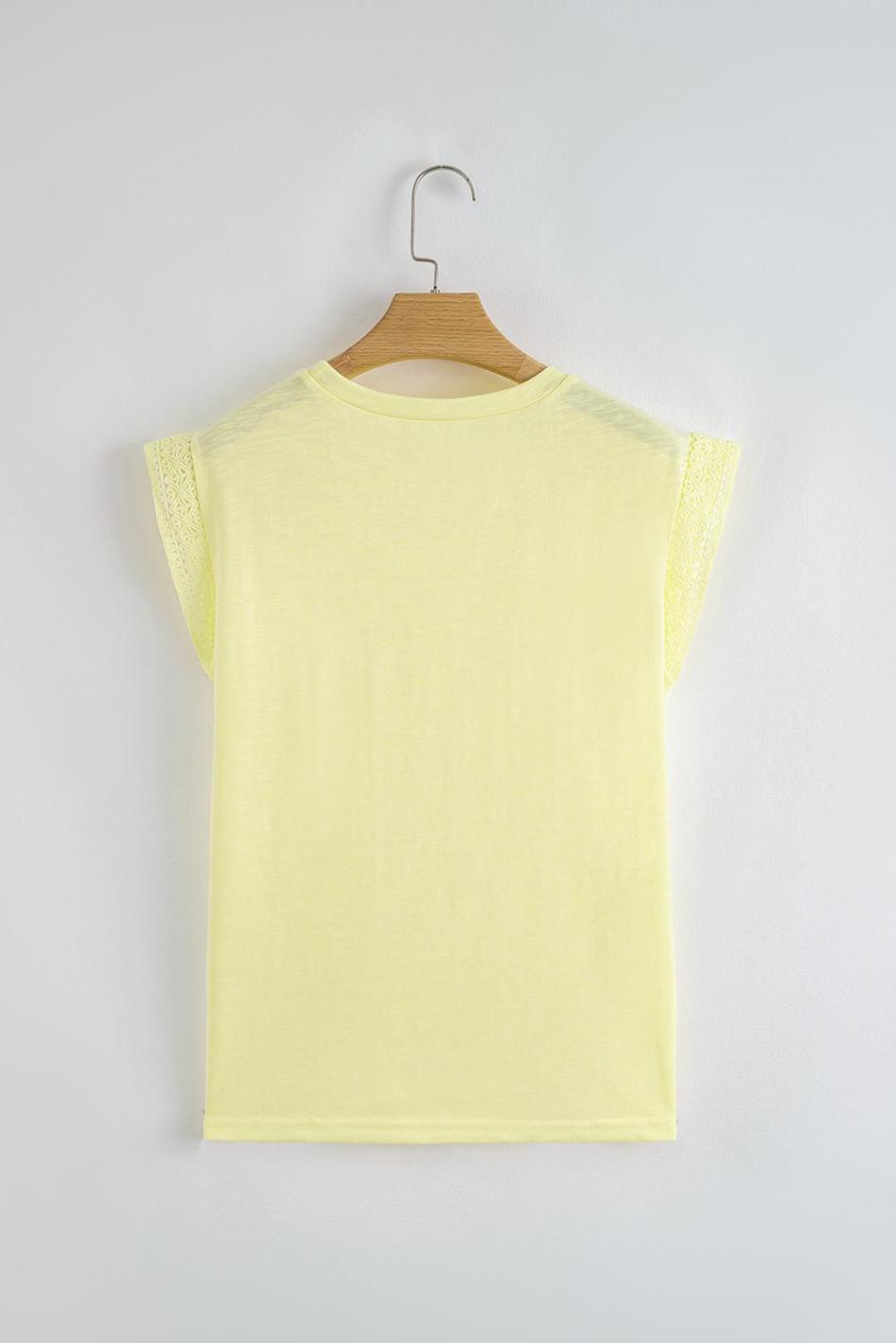 Yellow Cream Lace Patchwork Cap Sleeve Round Neck Top | Women T Shirts