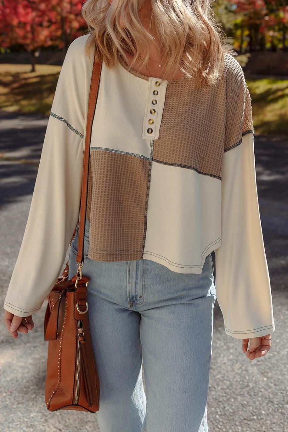Beige Waffle Patchwork Stitch Detail Long Sleeve Henley Top | Women Long Sleeve Tops
