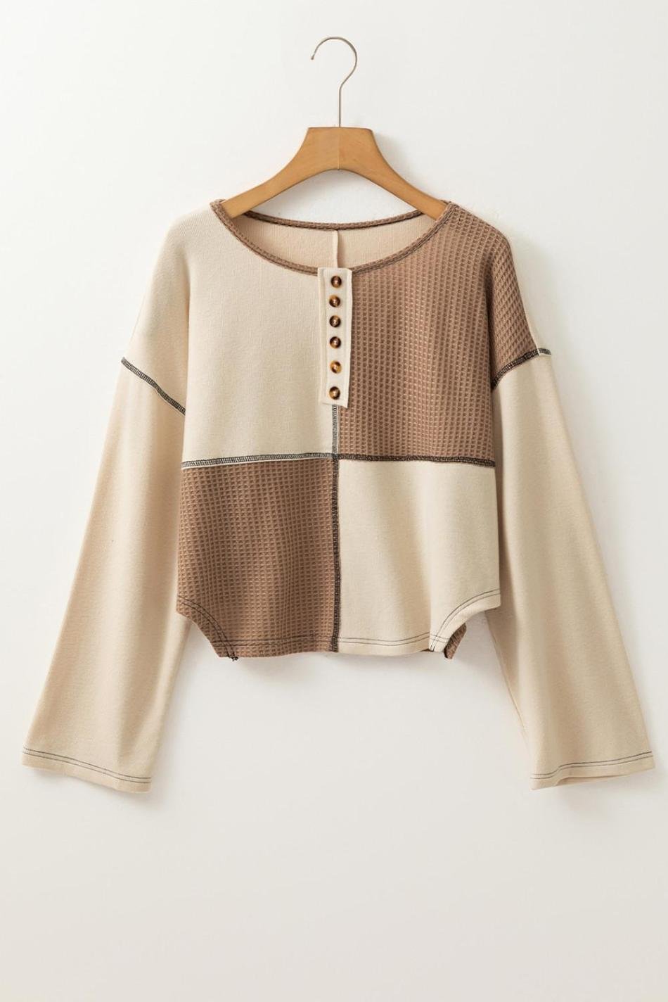 Beige Waffle Patchwork Stitch Detail Long Sleeve Henley Top | Women Long Sleeve Tops