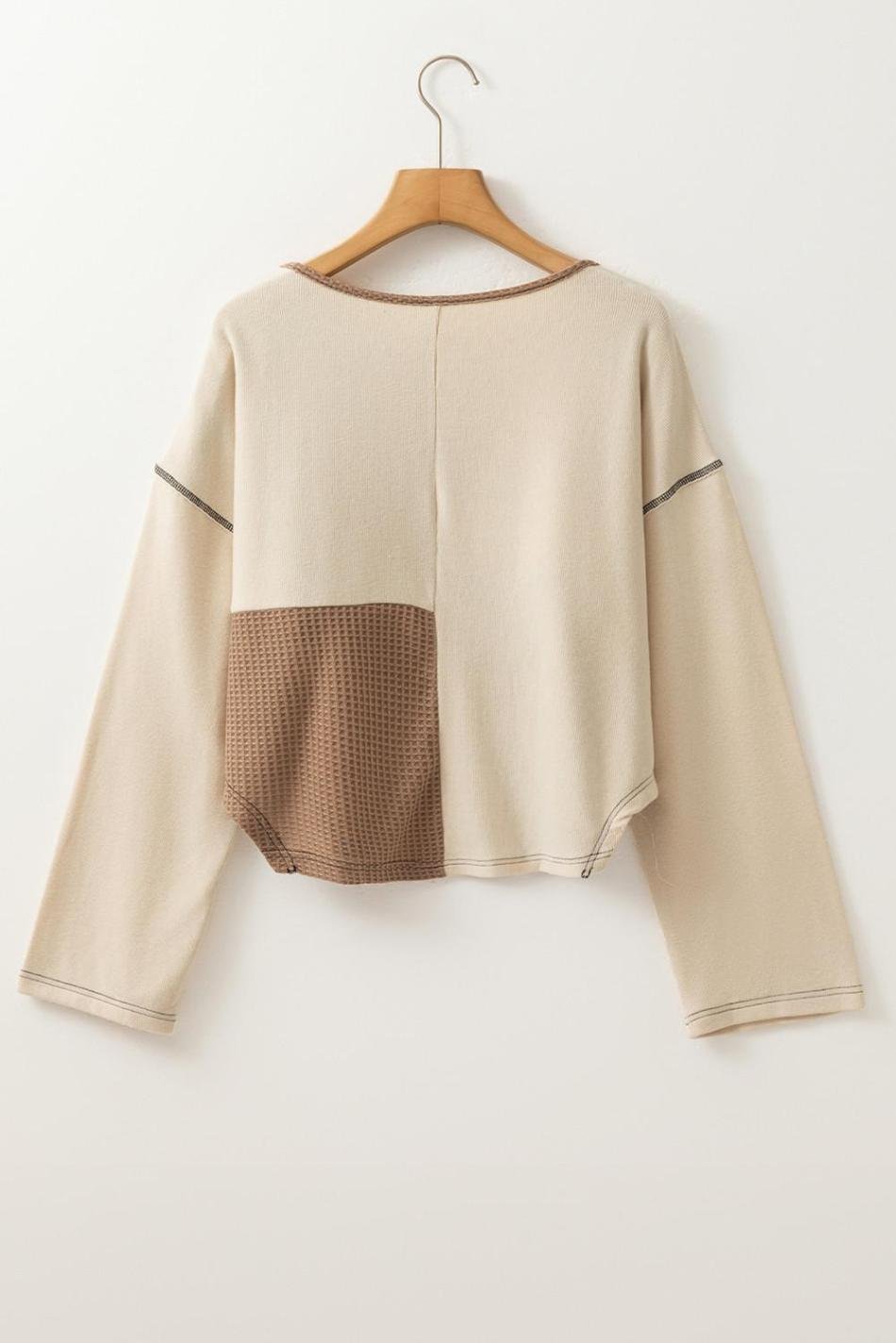 Beige Waffle Patchwork Stitch Detail Long Sleeve Henley Top | Women Long Sleeve Tops