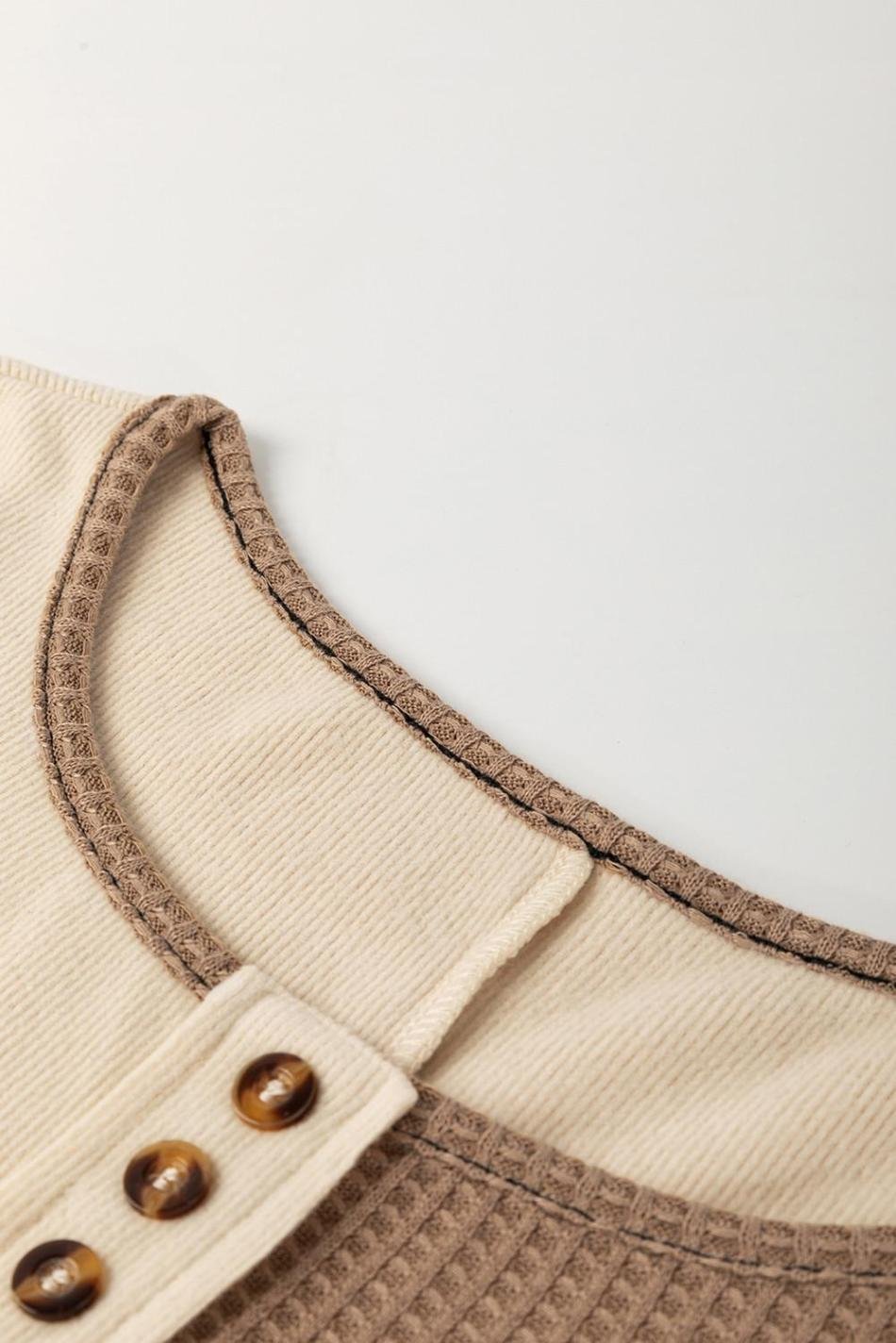 Beige Waffle Patchwork Stitch Detail Long Sleeve Henley Top | Women Long Sleeve Tops