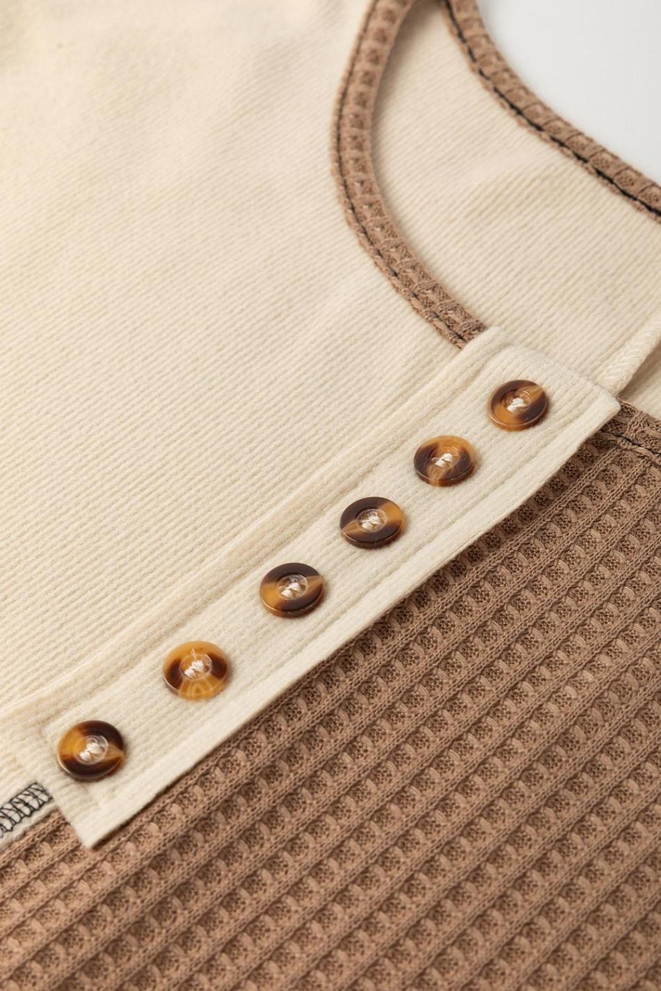 Beige Waffle Patchwork Stitch Detail Long Sleeve Henley Top | Women Long Sleeve Tops