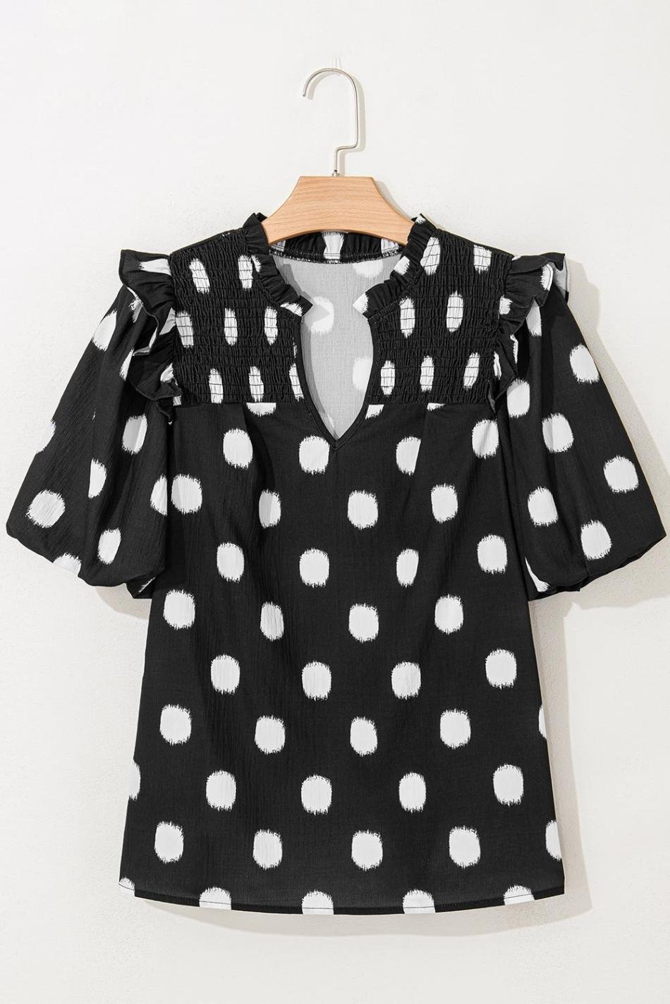 Black Polka Dot Print Smocked Notched Neck Balloon Sleeve Blouse | Women Blouses