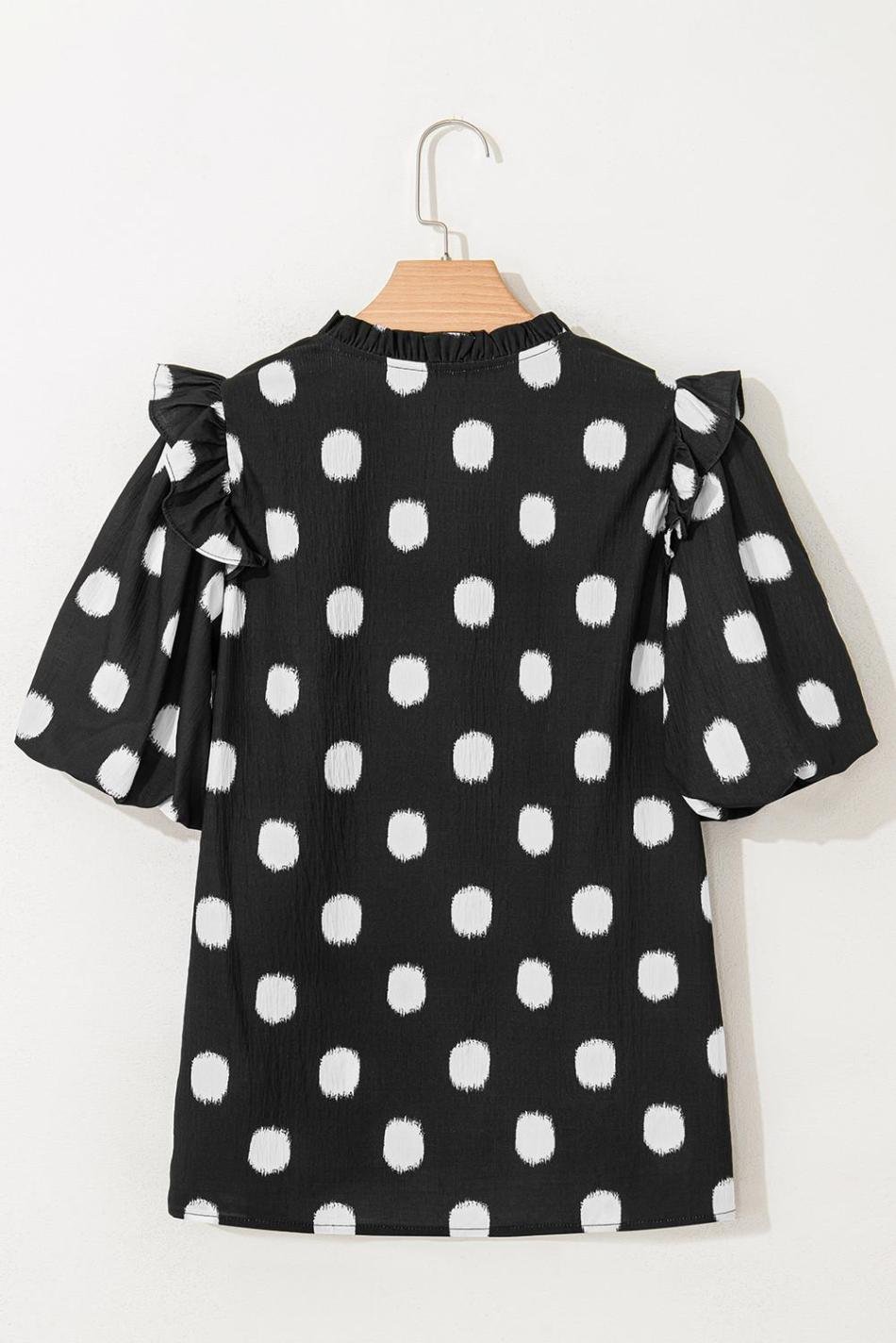 Black Polka Dot Print Smocked Notched Neck Balloon Sleeve Blouse | Women Blouses