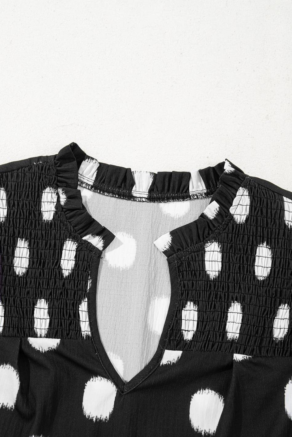 Black Polka Dot Print Smocked Notched Neck Balloon Sleeve Blouse | Women Blouses