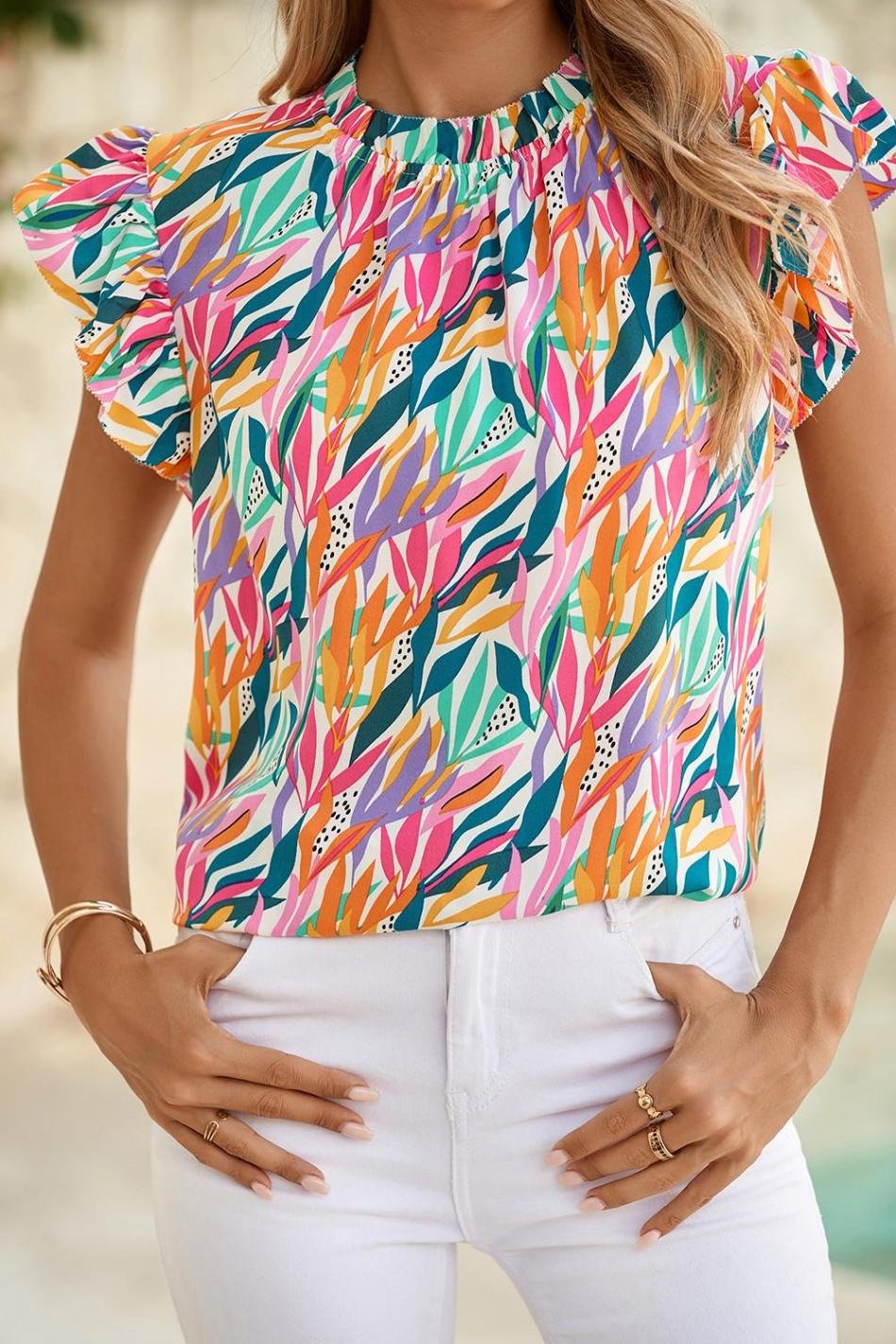 Rose Red Abstract Print Ruffled Flutter Shoulder Blouse | Women Sleeveless Tops