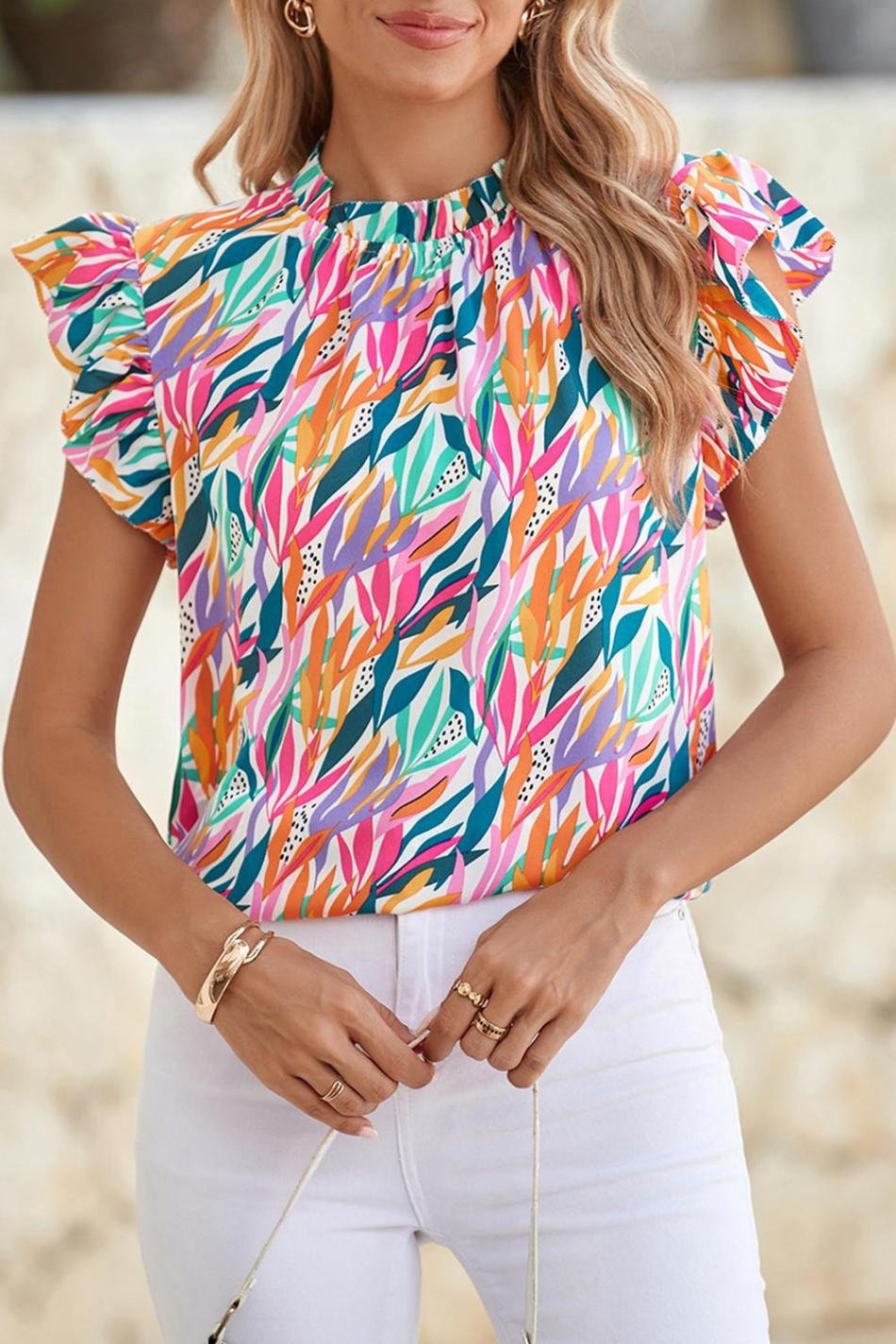 Rose Red Abstract Print Ruffled Flutter Shoulder Blouse | Women Sleeveless Tops