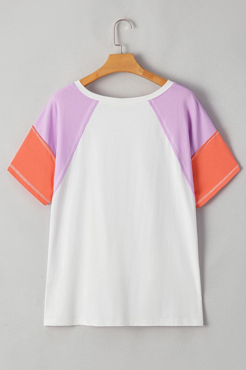 Beige Colorblock Patchwork V Neck Exposed Seam High Low T Shirt | Women T Shirts